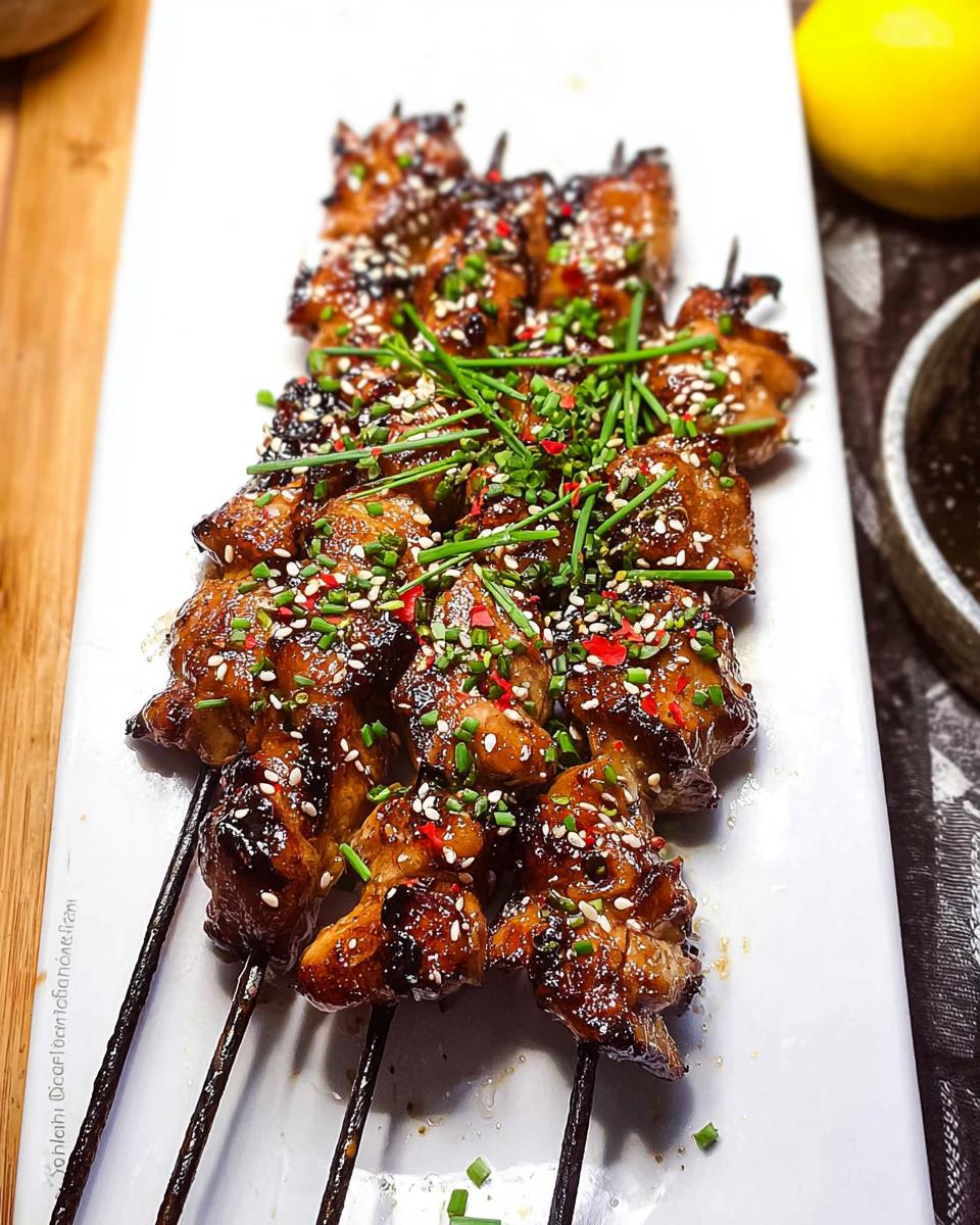 Close-up of Easy Japanese Chicken Yakitori Skewers glazed with sauce, sprinkled with sesame seeds and chives.