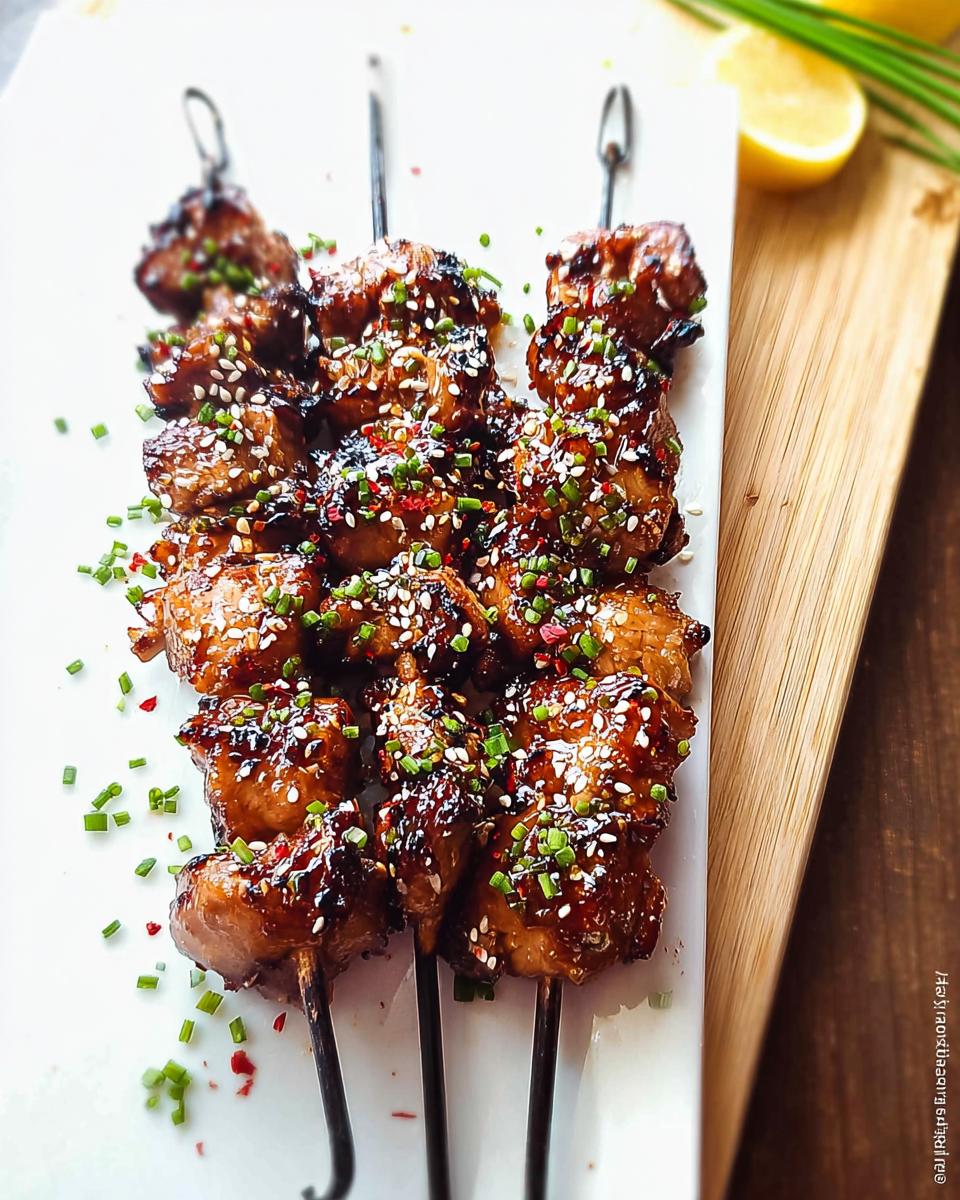 Close-up of Easy Japanese Chicken Yakitori Skewers, glazed and sprinkled with sesame seeds and chives.