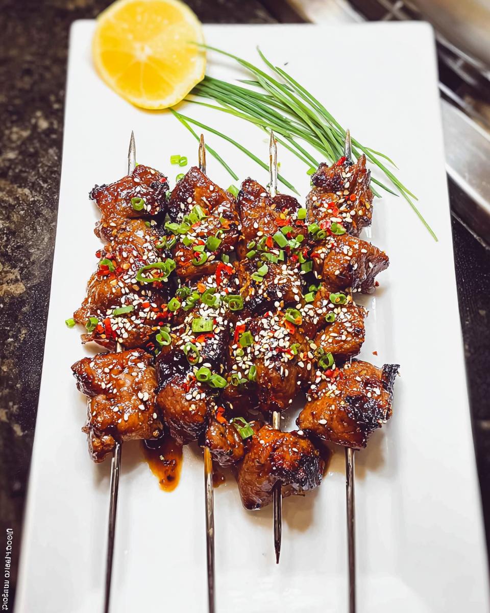 Close-up of Easy Japanese Chicken Yakitori Skewers glazed and sprinkled with sesame seeds and chives.