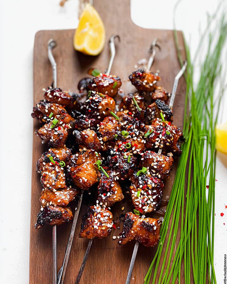 Close-up of Easy Japanese Chicken Yakitori Skewers glazed with sauce and sprinkled with sesame seeds and chives.