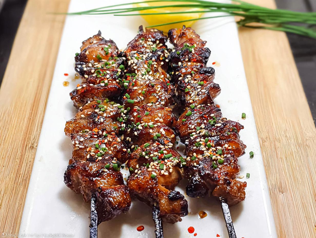 Close-up of three skewers of glistening, glazed Japanese Chicken Yakitori, sprinkled with sesame seeds and chives.