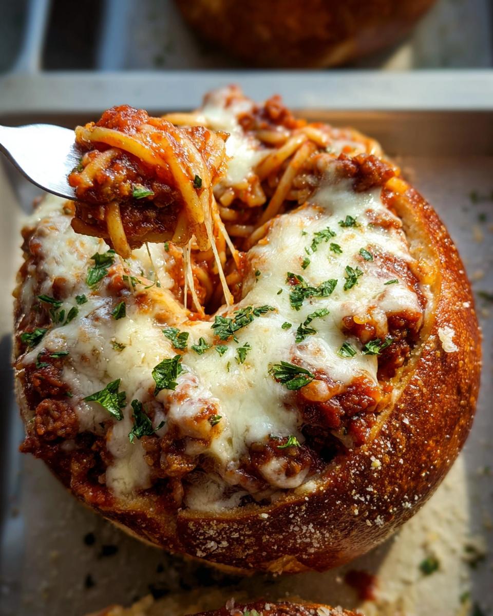 A fork lifts a cheesy bite from an Easy Spaghetti Garlic Bread Bowl, filled with spaghetti and meat sauce.