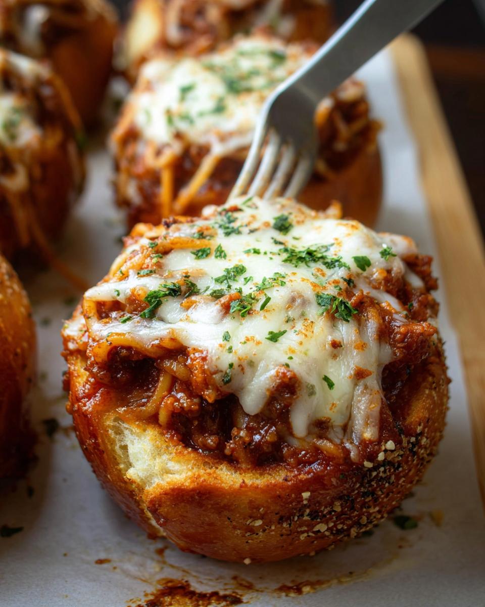 A fork digging into an Easy Spaghetti Garlic Bread Bowl filled with spaghetti and topped with melted cheese and parsley.