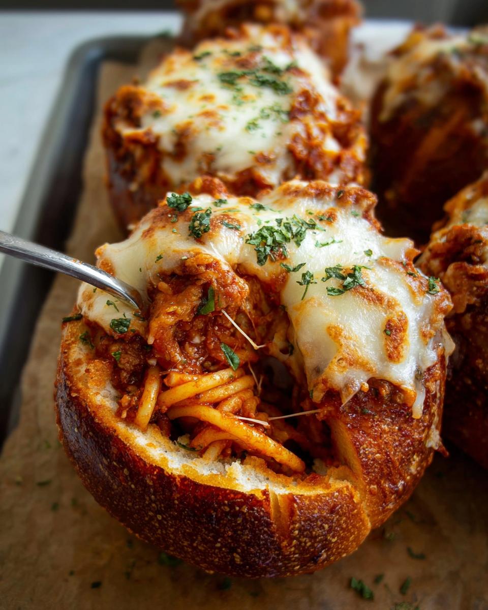 A fork digging into a delicious Easy Spaghetti Garlic Bread Bowl filled with spaghetti and topped with melted cheese and parsley.