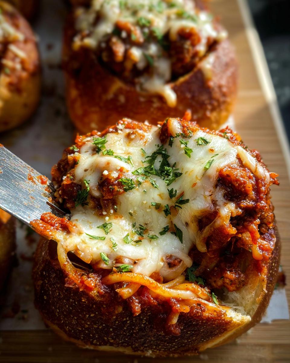 A fork scooping out a portion of Easy Spaghetti Garlic Bread Bowls filled with spaghetti and meatballs, topped with melted cheese and parsley.