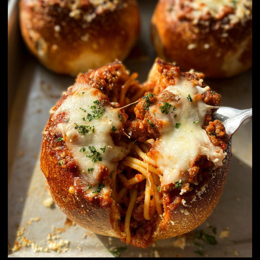 A fork pulling spaghetti from an Easy Spaghetti Garlic Bread Bowl filled with meat sauce and melted cheese.
