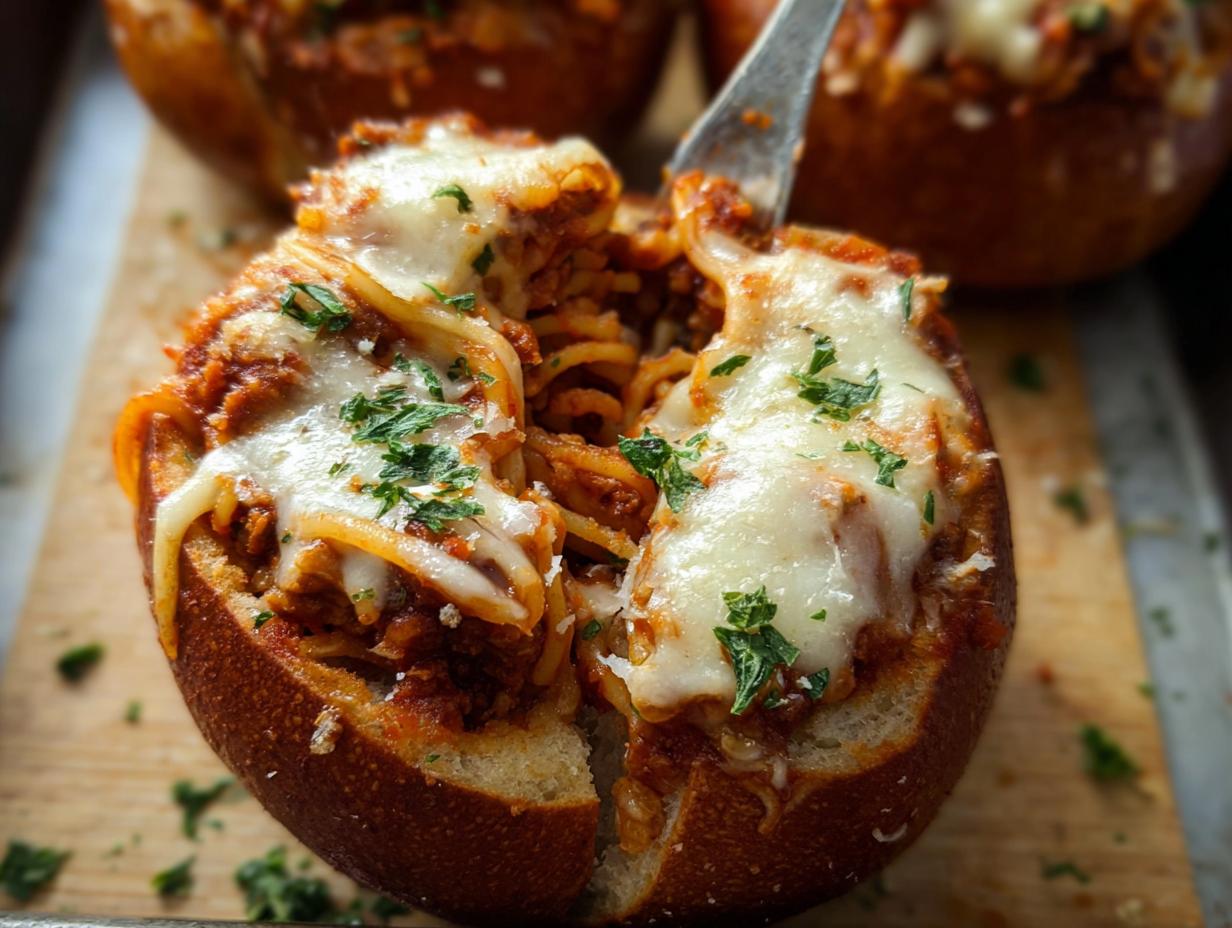 A close-up of an Easy Spaghetti Garlic Bread Bowl filled with spaghetti and topped with melted cheese and parsley.