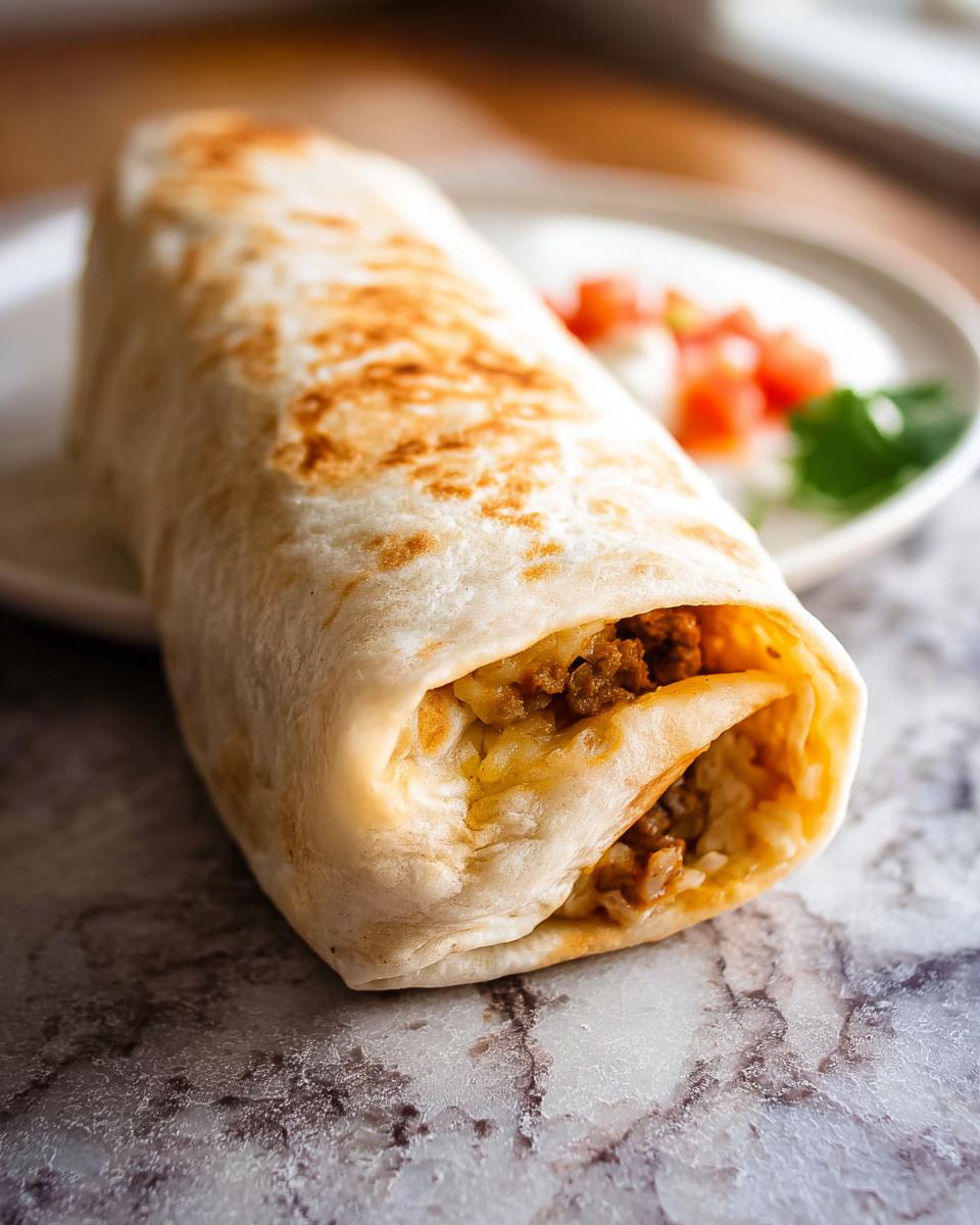 Close-up of a delicious and tasty freezer breakfast burrito, showing the savory filling inside.