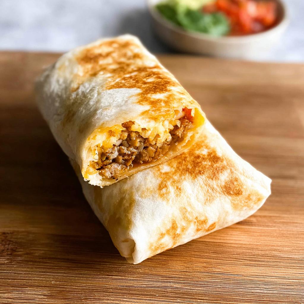 A close-up of an Effortless & Tasty Freezer Breakfast Burrito, cut in half, revealing a filling of rice and seasoned meat.