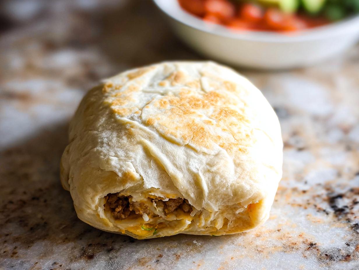 Close-up of a golden-brown, baked freezer breakfast burrito, showing a peek of the savory meat and cheese filling.