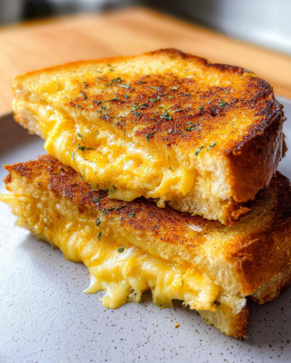 Close-up of a perfectly grilled Garlic Bread Grilled Cheese sandwich, with melted cheese oozing out.