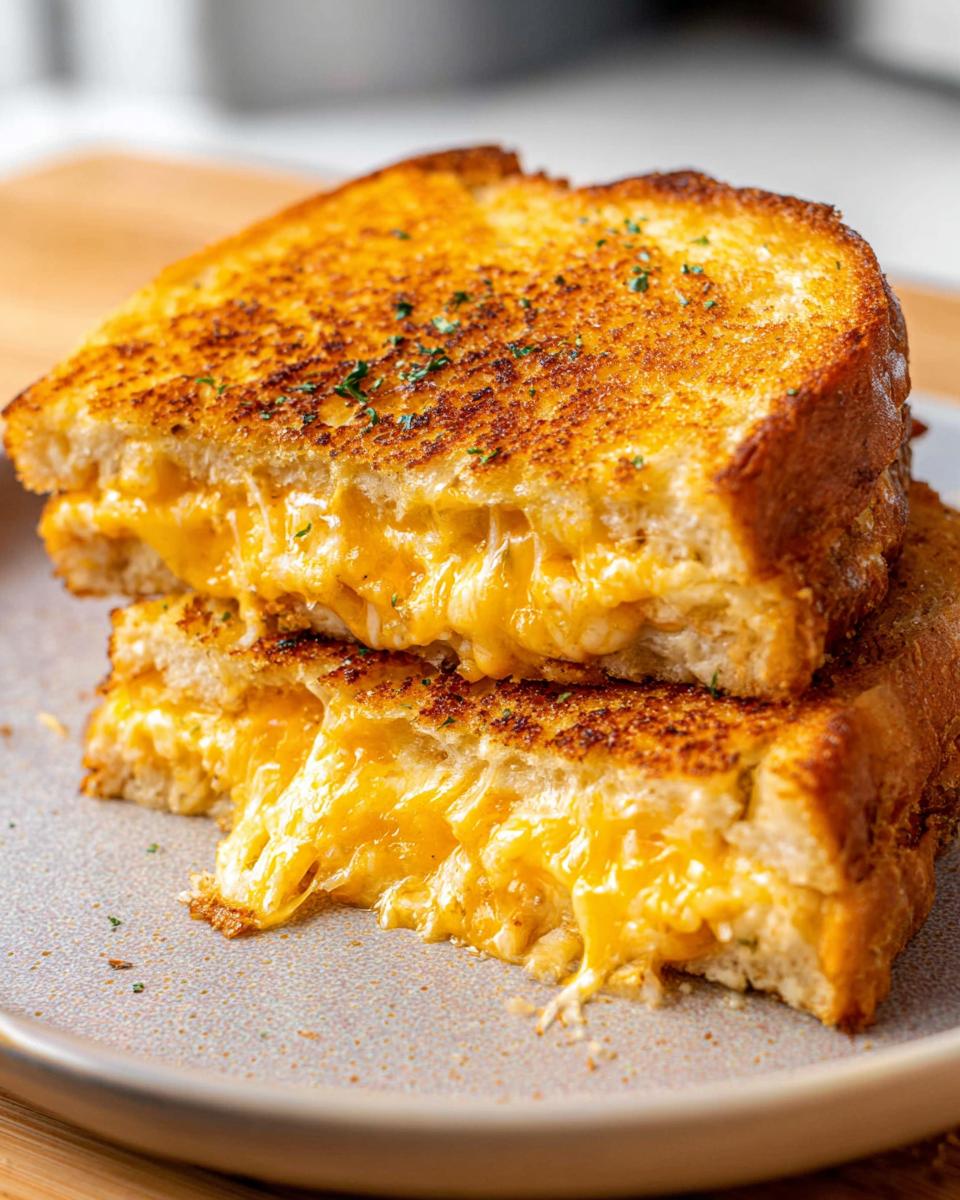A close-up of a perfectly grilled Garlic Bread Grilled Cheese sandwich, with melted cheese oozing out.
