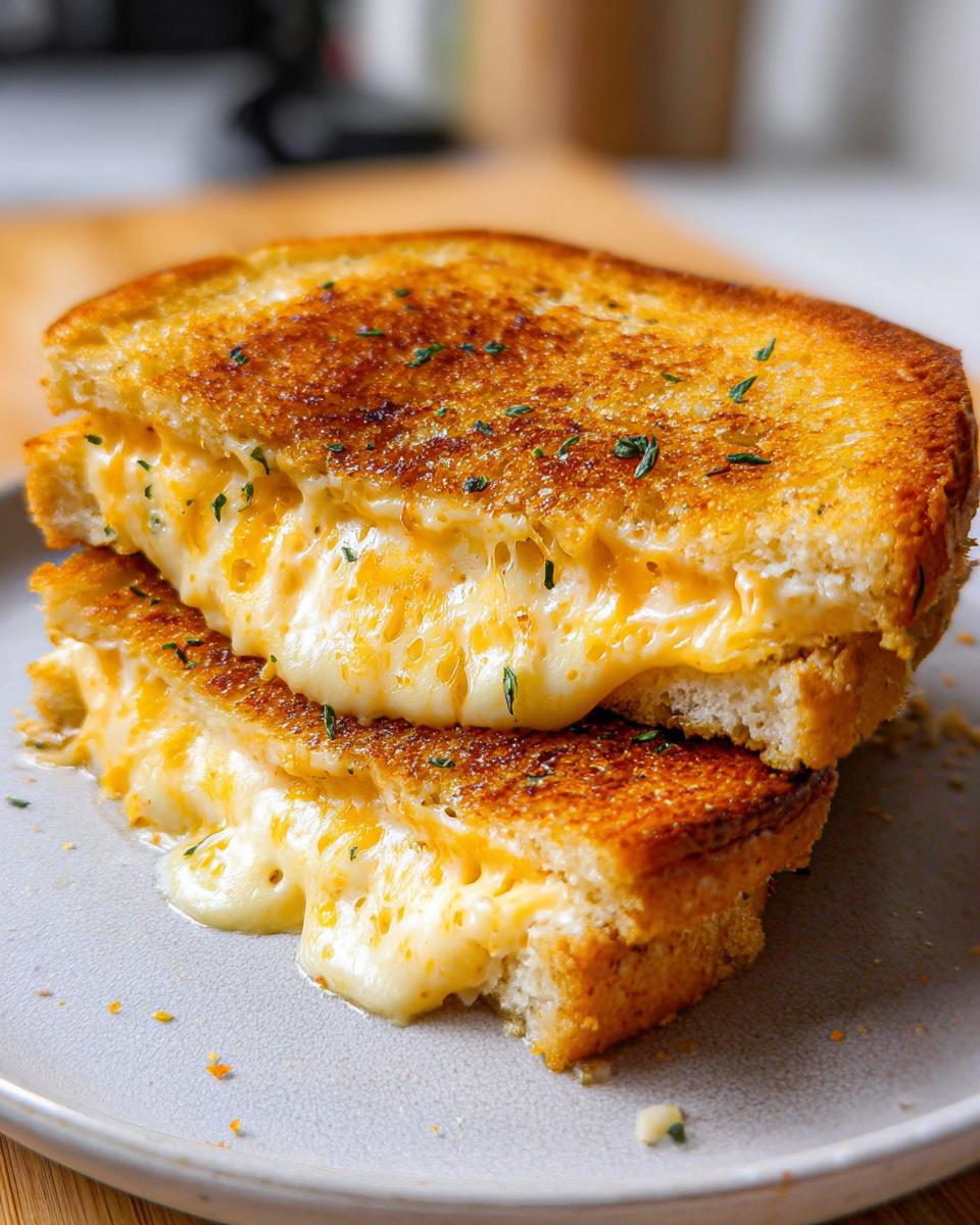 Close-up of a gooey Garlic Bread Grilled Cheese sandwich with melted cheese oozing out.