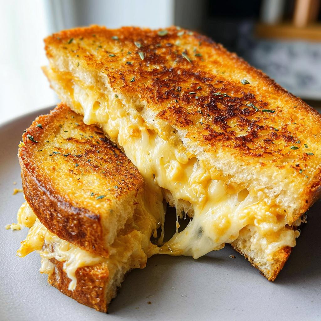 A close-up of a Garlic Bread Grilled Cheese sandwich, with gooey melted cheese oozing out.