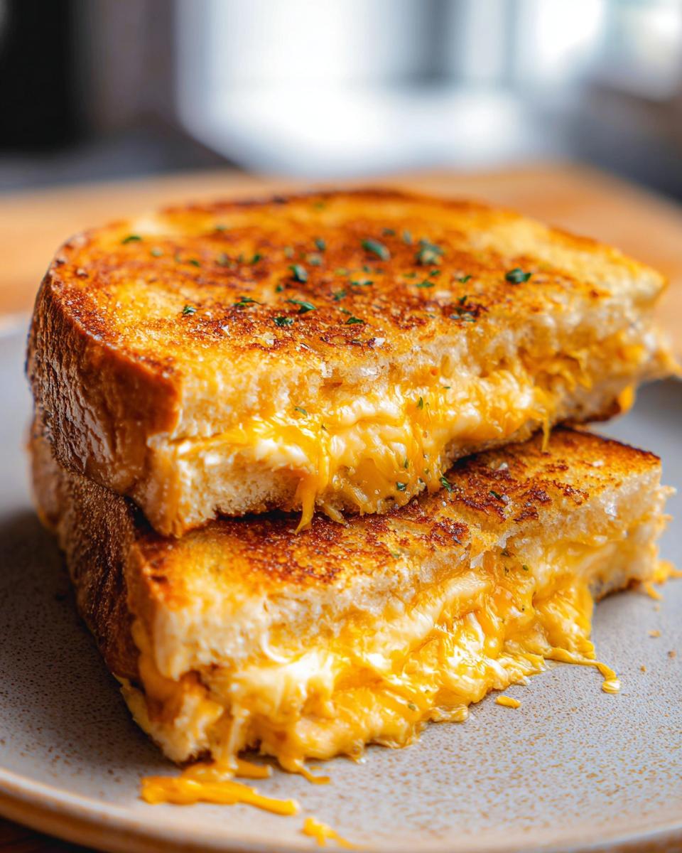 Close-up of a perfectly grilled Garlic Bread Grilled Cheese sandwich with gooey melted cheese oozing out.
