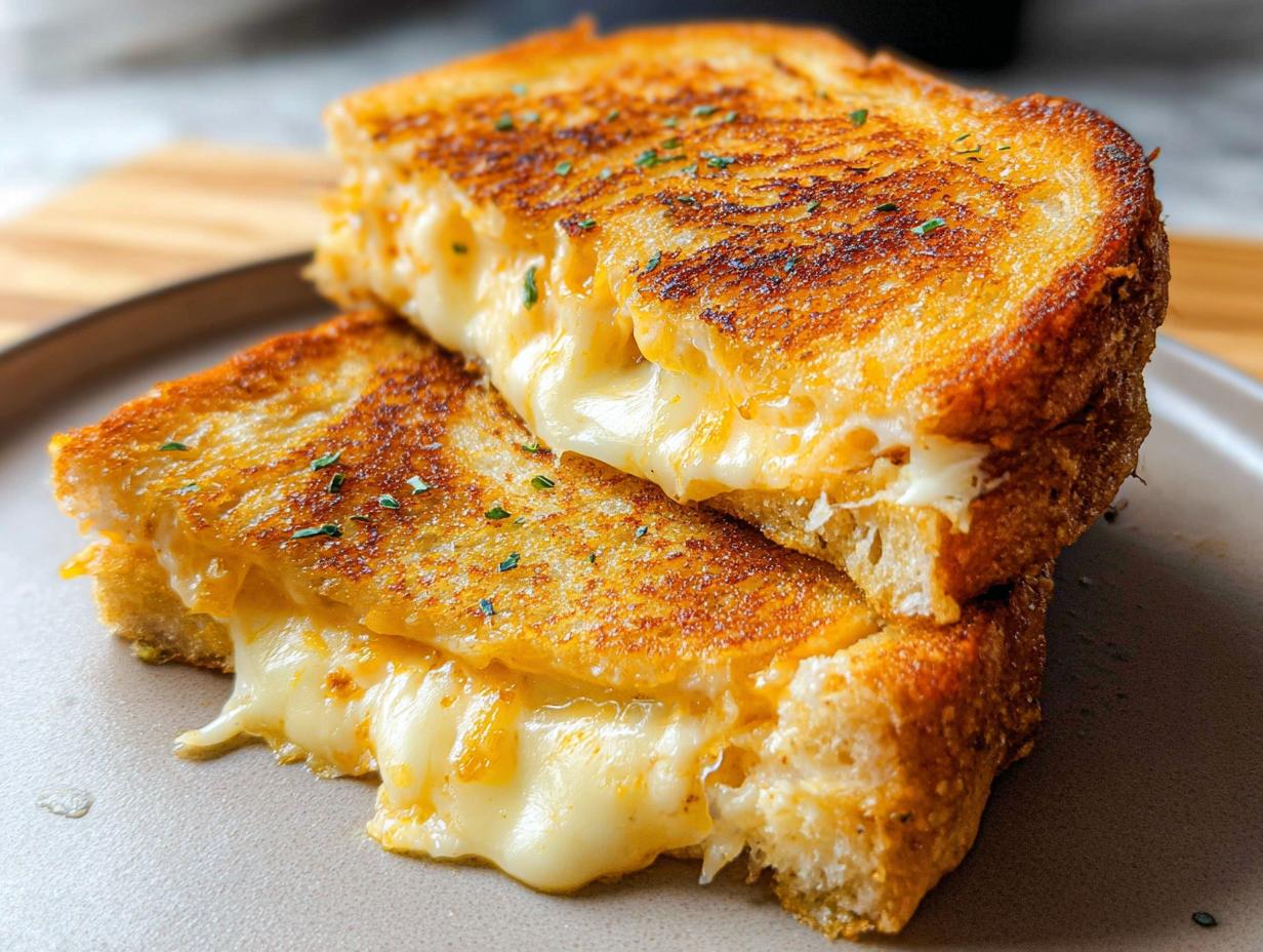 A close-up of a perfectly grilled Garlic Bread Grilled Cheese sandwich, oozing with melted cheese.