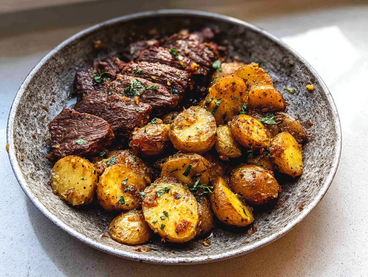 A close-up of a bowl filled with sliced garlic butter steak and roasted potatoes.