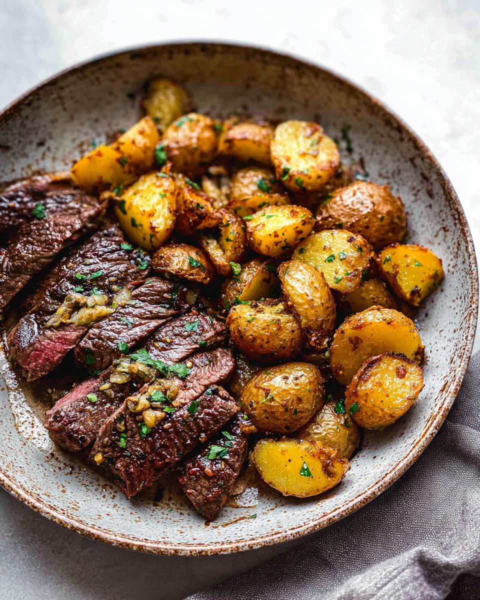 A close-up of a Garlic Butter Steak and Potatoes Skillet dish, featuring sliced steak and roasted potatoes in a bowl.