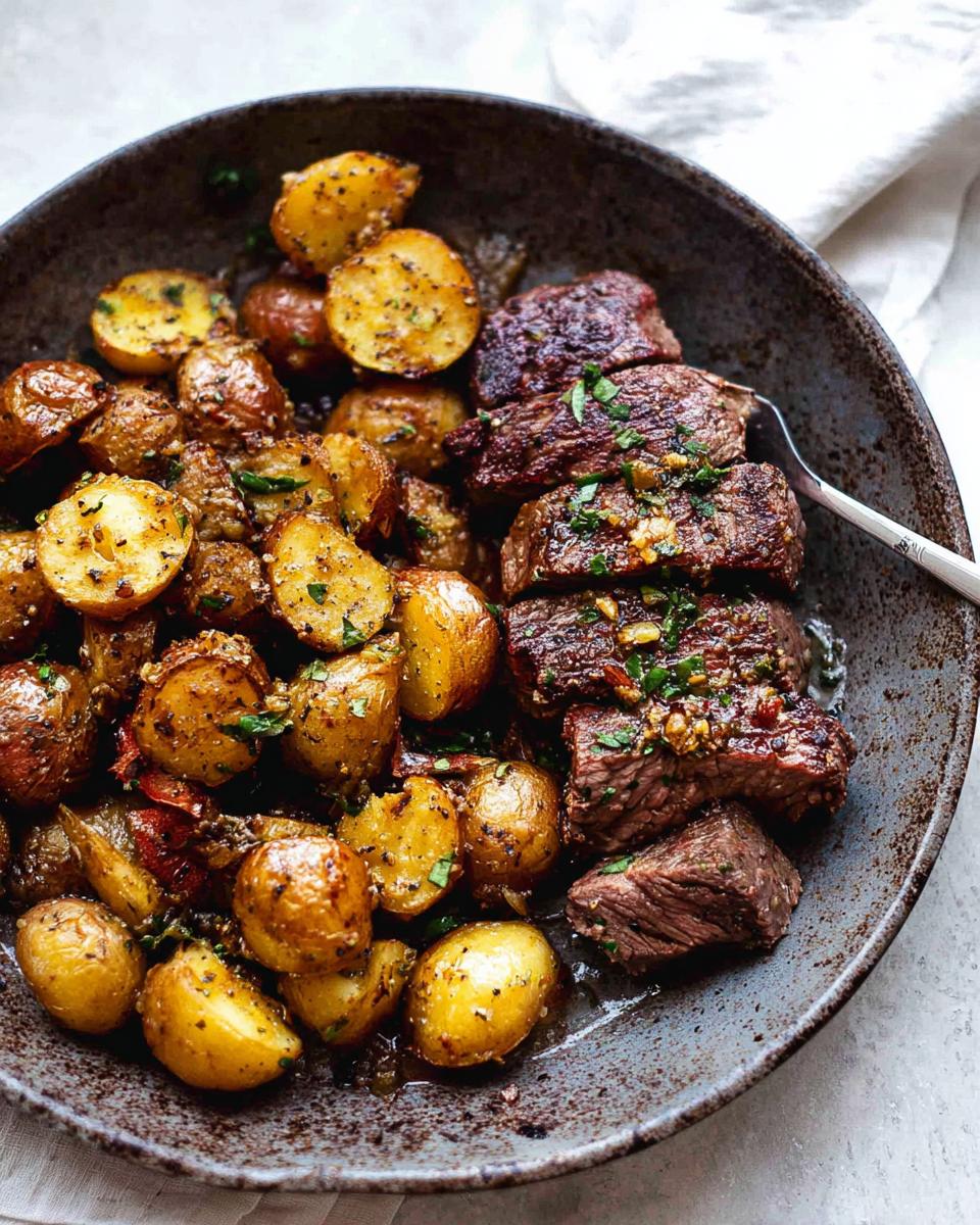A close-up of a rustic bowl filled with Garlic Butter Steak and Potatoes Skillet, garnished with fresh parsley.