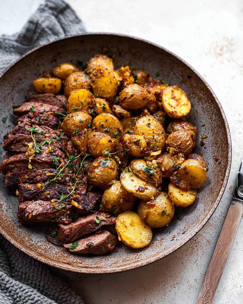 A close-up of a rustic bowl filled with sliced garlic butter steak and golden roasted potatoes.