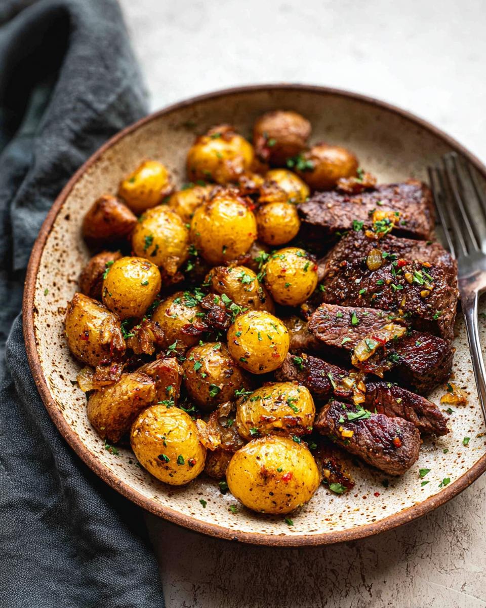 A close-up of a rustic bowl filled with Garlic Butter Steak and Potatoes Skillet, garnished with fresh parsley.