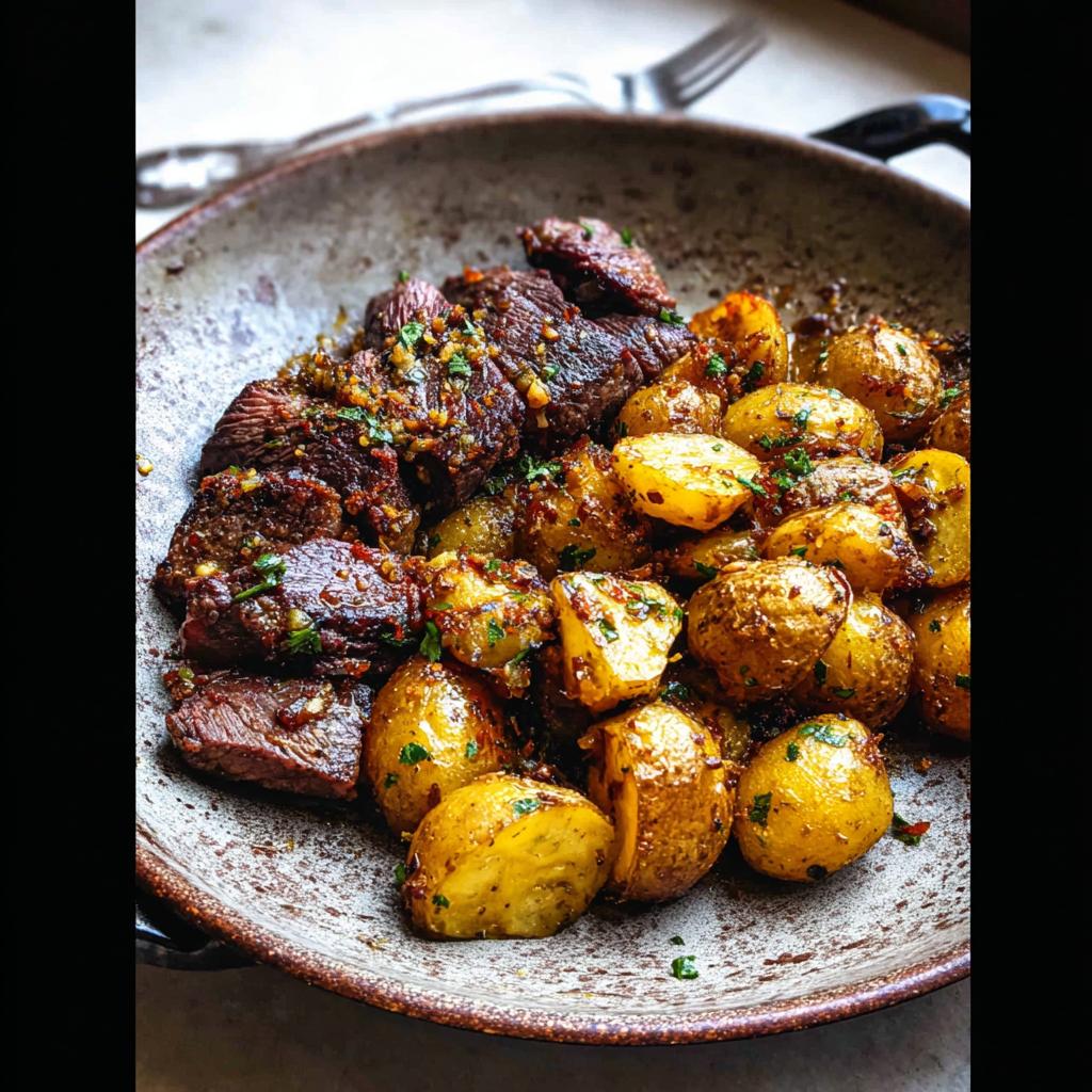 A close-up of a rustic bowl filled with tender Garlic Butter Steak and Potatoes Skillet, garnished with fresh parsley.
