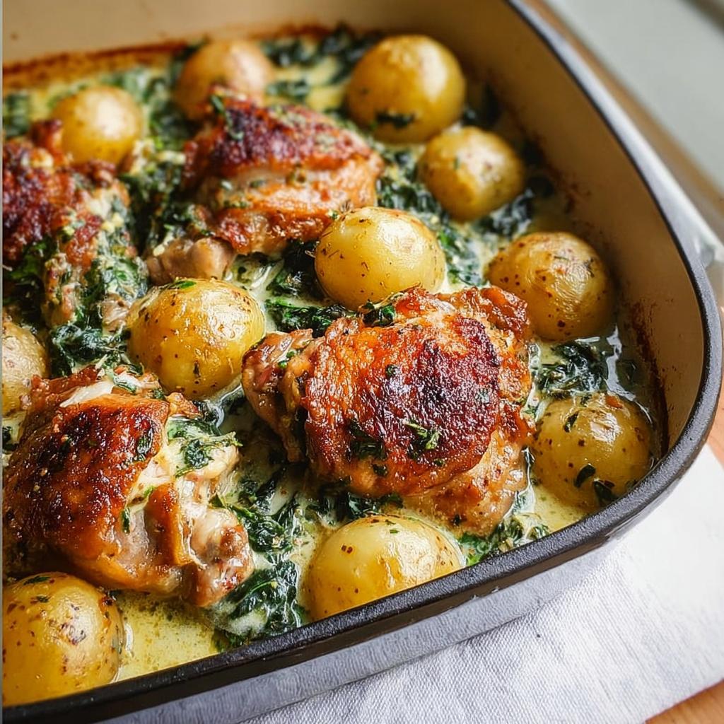 Close-up of Garlic Parmesan Chicken Thighs and Potatoes baked in a creamy sauce with spinach.