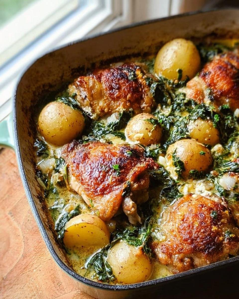 Close-up of Garlic Parmesan Chicken Thighs and Potatoes baked in a creamy sauce with spinach.