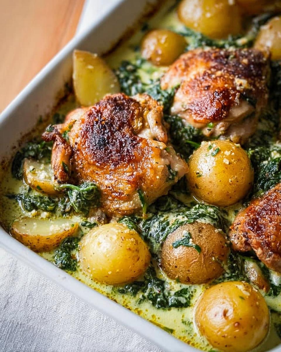 Close-up of a white baking dish filled with Garlic Parmesan Chicken Thighs and Potatoes, with creamy spinach sauce.