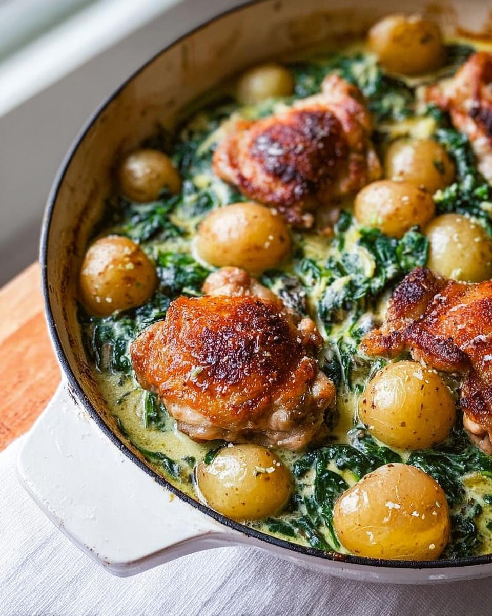 Close-up of Garlic Parmesan Chicken Thighs and Potatoes cooked in a creamy spinach sauce in a white skillet.