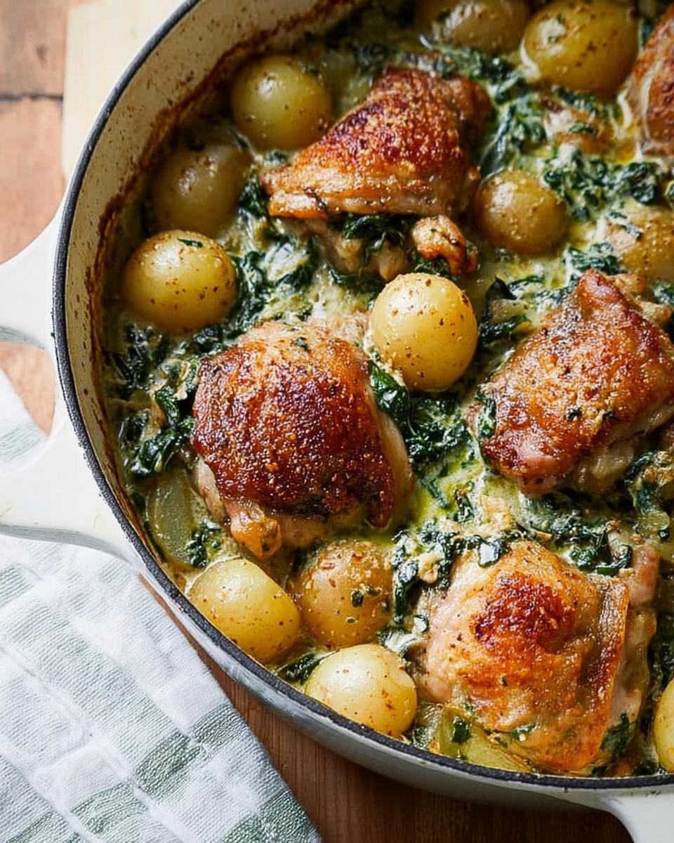 Close-up of Garlic Parmesan Chicken Thighs and Potatoes baked in a creamy sauce with spinach in a white skillet.