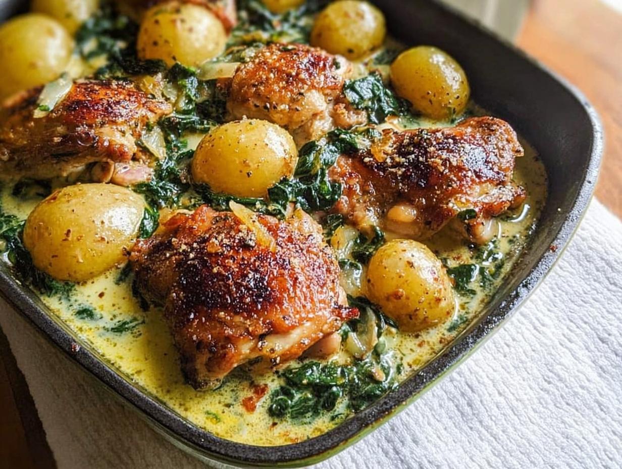 A close-up of a baking dish filled with Garlic Parmesan Chicken Thighs and Potatoes, nestled in a creamy sauce with spinach.