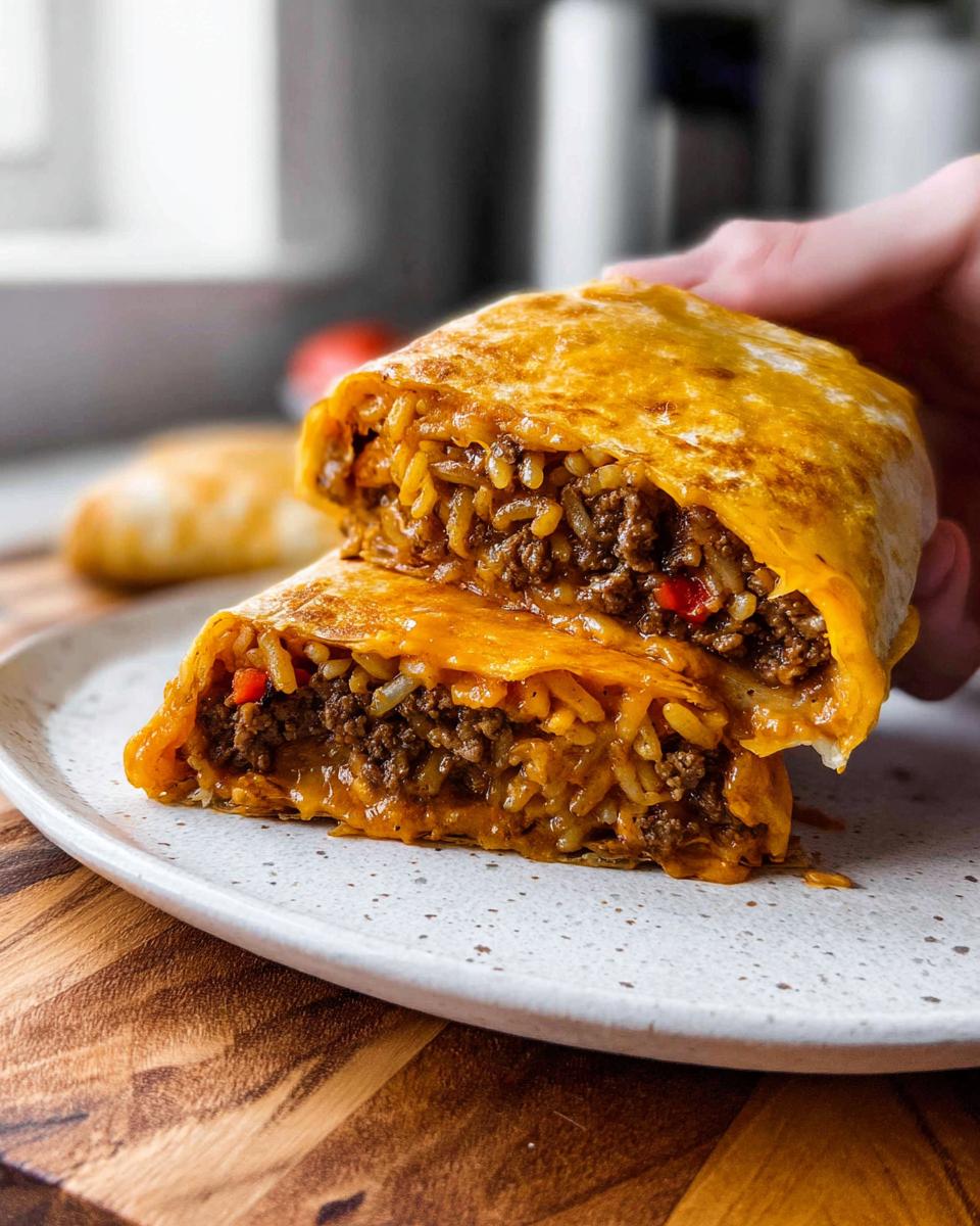 A close-up of a grilled cheese burrito cut in half, revealing a hearty filling of seasoned ground beef, rice, and peppers.