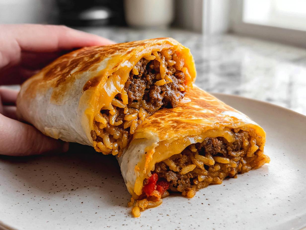 A close-up of a Grilled Cheese Burrito cut in half, revealing seasoned ground beef and rice filling with melted cheese.