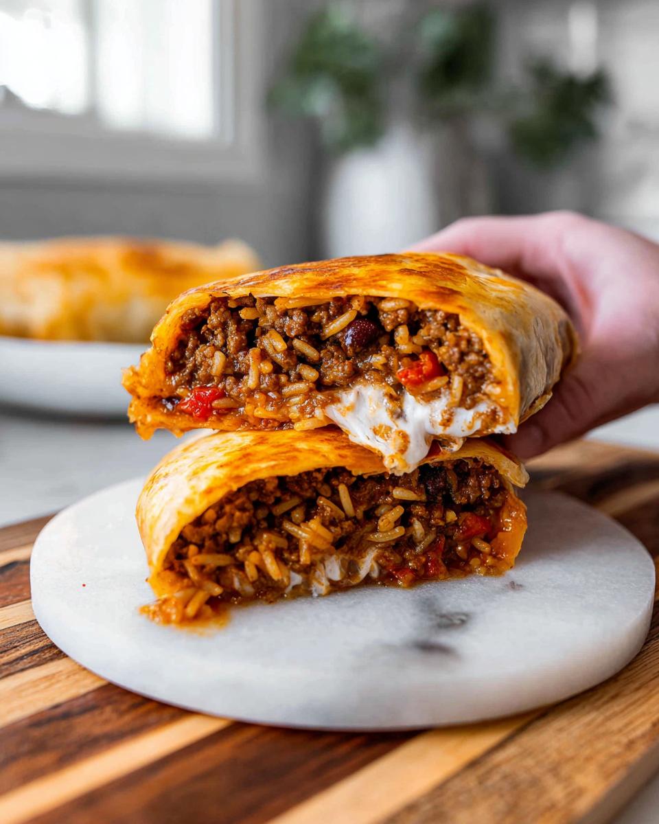 A close-up of a grilled cheese burrito cut in half, revealing a hearty filling of seasoned ground beef, rice, and melted cheese.