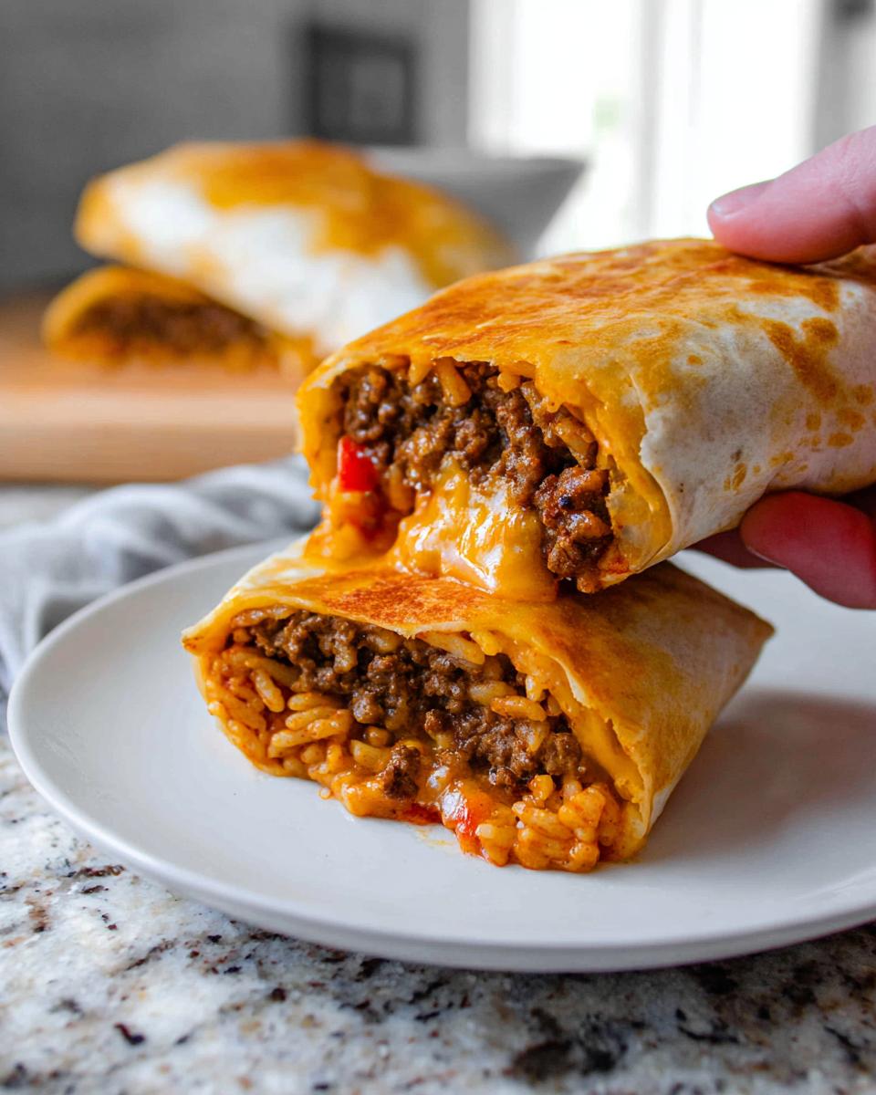 A close-up of a Grilled Cheese Burrito Made Easy, cut in half, revealing a cheesy, meaty, and rice-filled interior.