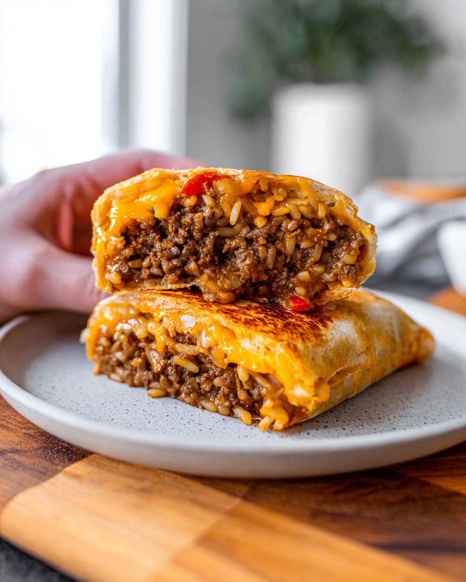 A close-up of a Grilled Cheese Burrito Made Easy, cut in half, revealing a hearty filling of seasoned ground beef and rice, topped with melted cheese.