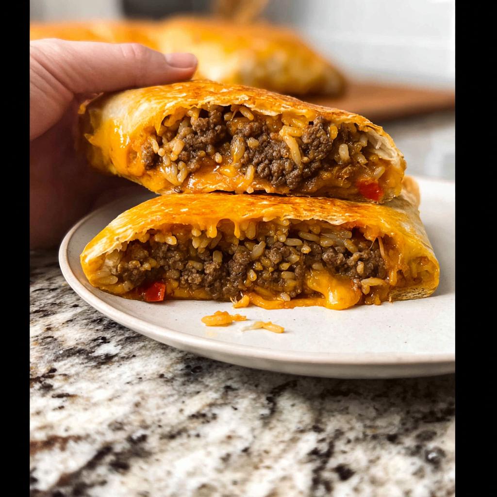 A hand holds a Grilled Cheese Burrito Made Easy, cut in half, revealing a cheesy, meaty, and rice filling.