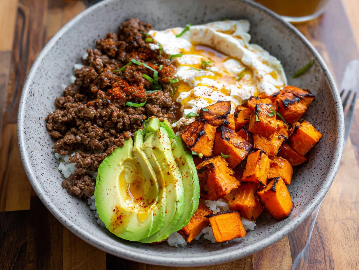 A delicious Ground Beef Hot Honey Bowl featuring seasoned ground beef, creamy avocado, roasted sweet potatoes, and a fried egg.
