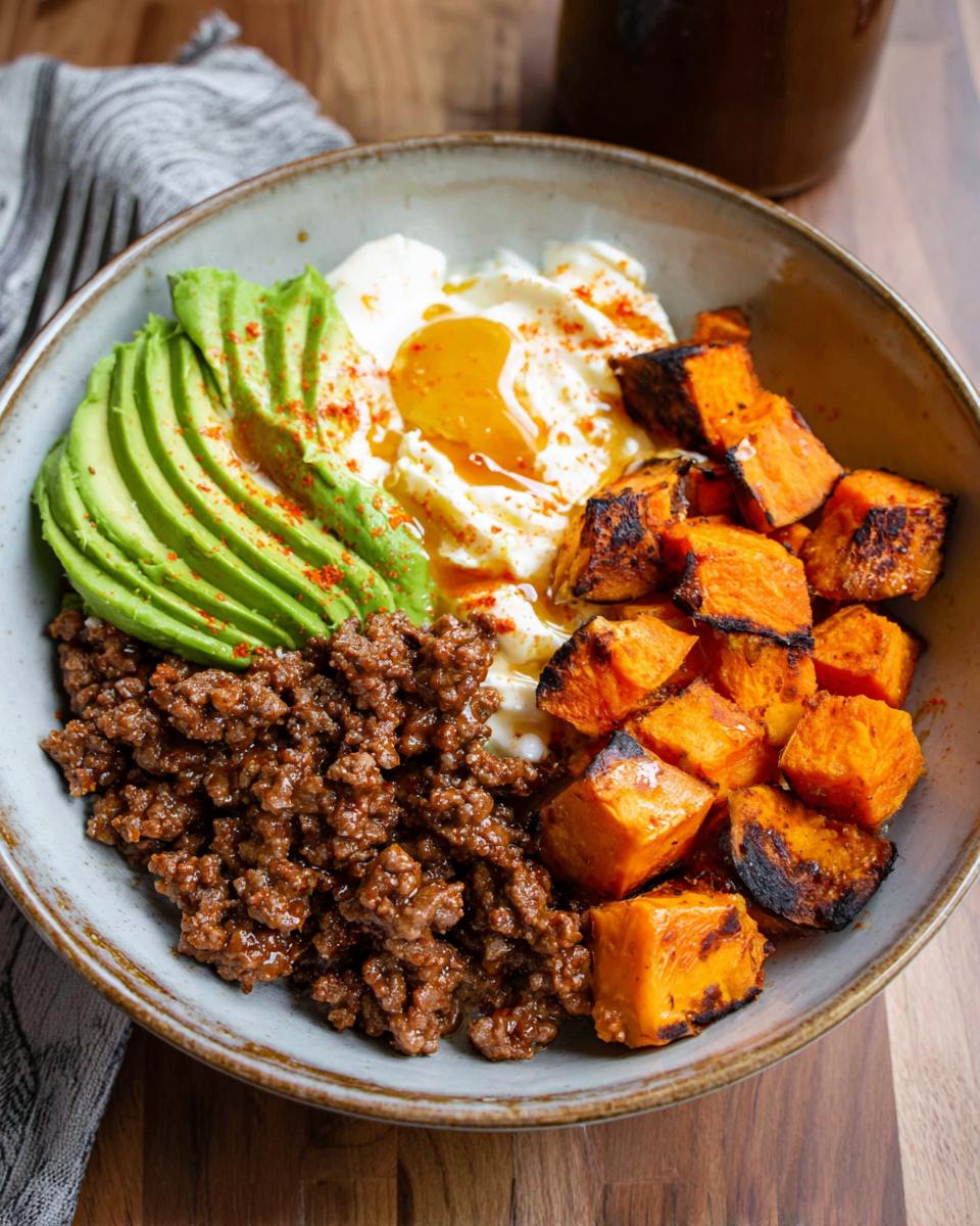 A delicious Ground Beef Hot Honey Bowl featuring seasoned ground beef, sliced avocado, a fried egg, and roasted sweet potato cubes.