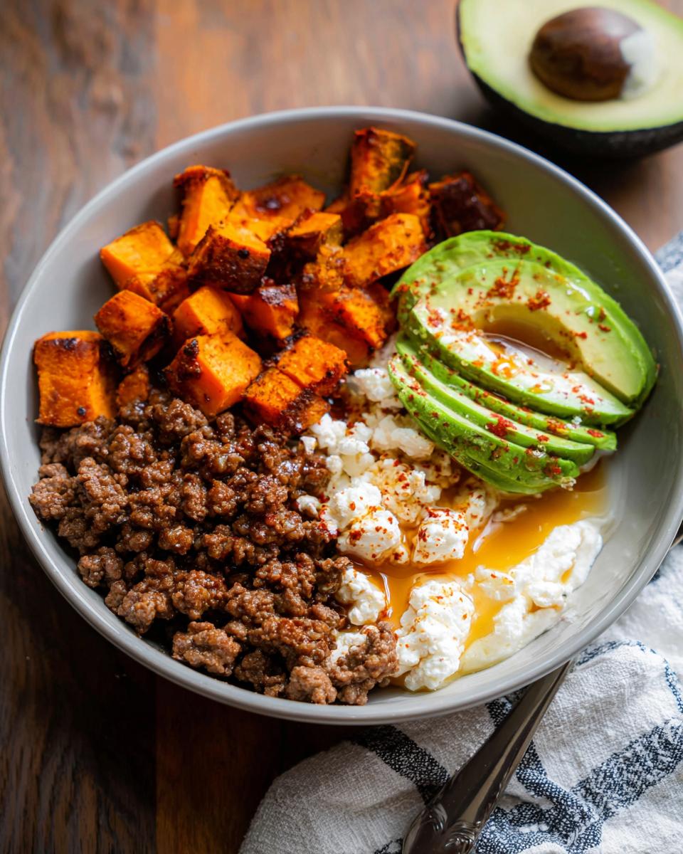 A delicious Ground Beef Hot Honey Bowl featuring seasoned ground beef, roasted sweet potatoes, cottage cheese, and sliced avocado drizzled with honey.