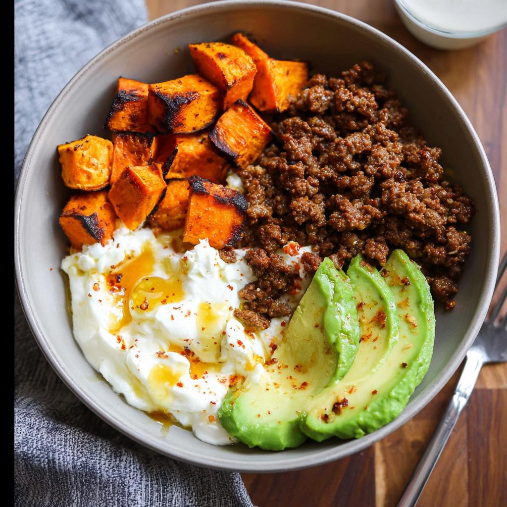 A delicious Ground Beef Hot Honey Bowl featuring seasoned ground beef, roasted sweet potato cubes, creamy yogurt, and sliced avocado.