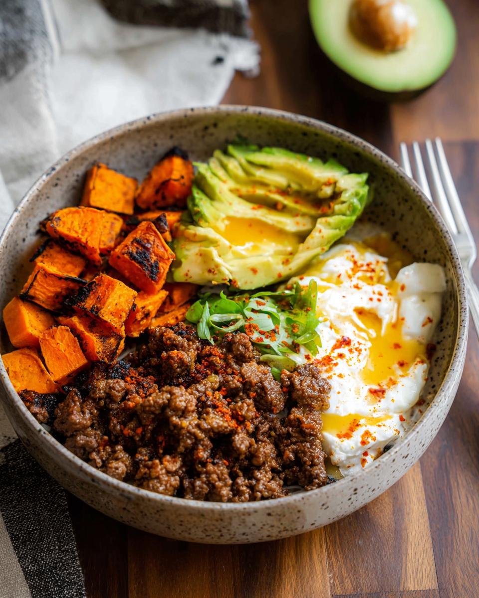 A delicious Ground Beef Hot Honey Bowl featuring seasoned ground beef, roasted sweet potatoes, sliced avocado, and a runny egg.