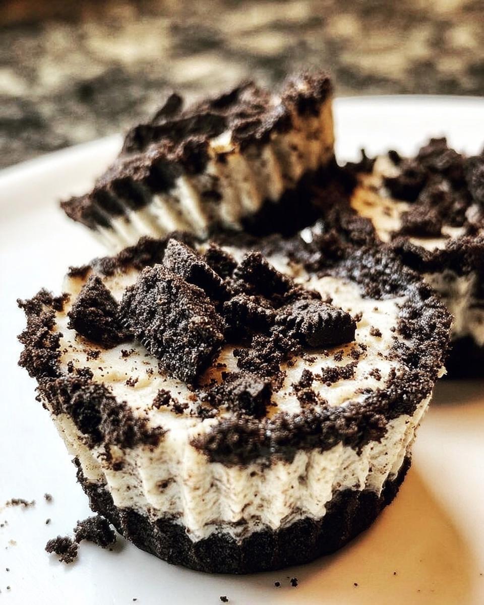 Close-up of a Healthy No-Bake Oreo Cheesecake Bite, showing the creamy filling and crushed Oreo topping.