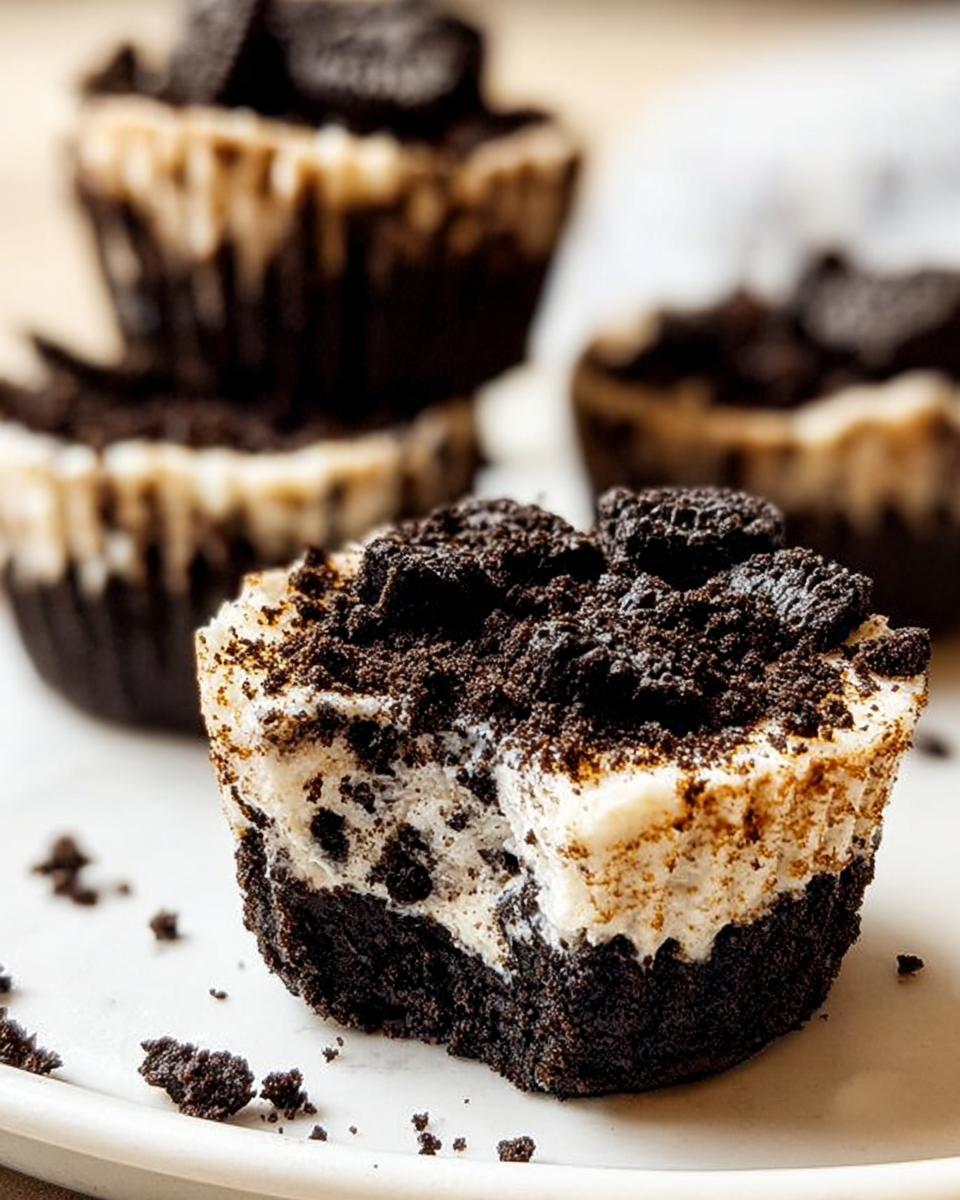 A close-up of a Healthy No-Bake Oreo Cheesecake Bite with a bite taken out, showing the layers.
