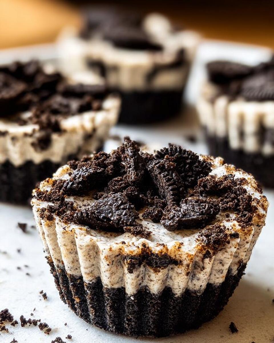Close-up of a Healthy No-Bake Oreo Cheesecake Bite topped with crushed Oreos.