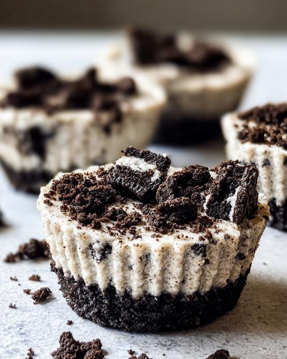 Close-up of a Healthy No-Bake Oreo Cheesecake Bite topped with crushed Oreos and Oreo pieces.