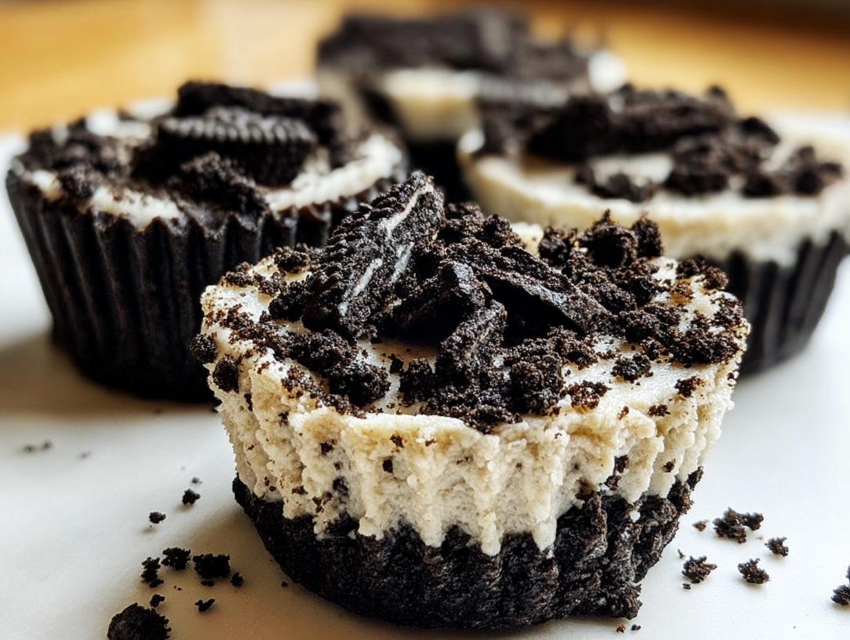 Close-up of healthy no-bake Oreo cheesecake bites topped with crushed Oreos.
