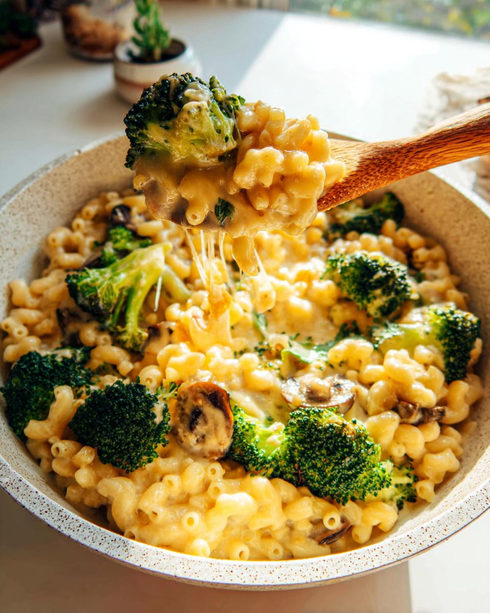 A spoonful of creamy Healthy One Pot Broccoli Mac & Cheese, with tender broccoli florets and melted cheese.