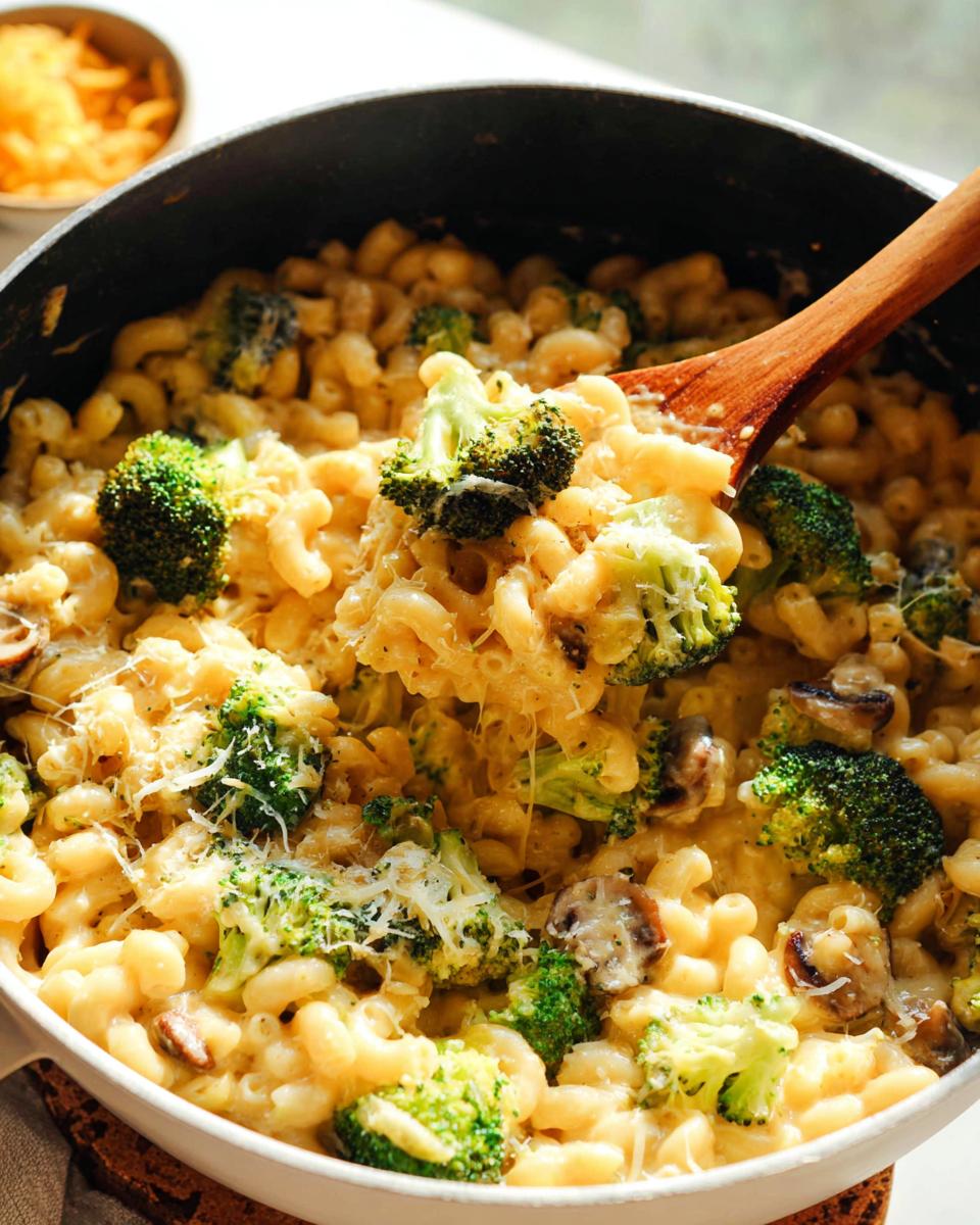 A close-up of Healthy One Pot Broccoli Mac & Cheese being scooped with a wooden spoon, showing pasta, broccoli florets, and melted cheese.